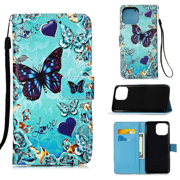 Kompatibel med Iphone 13 Case Läder Flip Cover med kortplatsholdere Stativmønster - Heart Butterfly null ingen