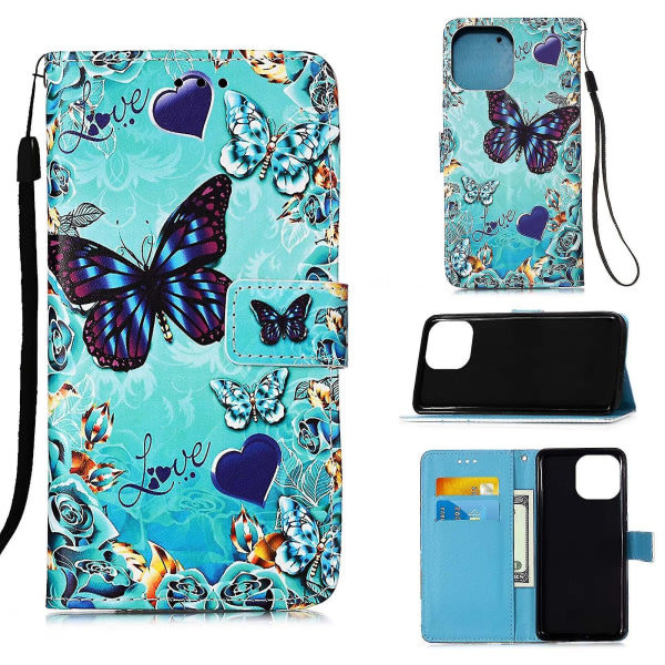Yhteensopiva Iphone 13 Case Läder Flip Cover kanssa kortplatshållare Stativmönster - Heart Butterfly null none