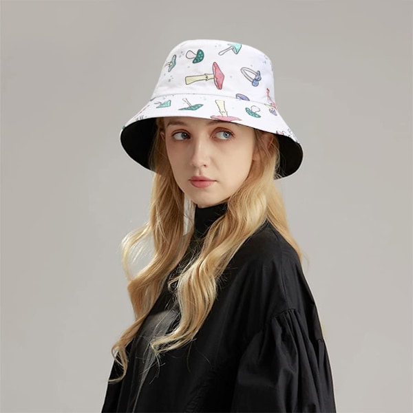 Söt bucket hat strand fiskarhattar för kvinnor, vändbar dubbelsidig användning Mushroom White