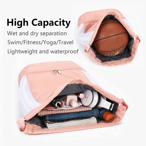 Ryggsäck med dragsko, ryggsäck med dragsko för kvinnor, vattentät ryggsäck med dragsko, Stor ryggsäck med torr våt split (rosa)