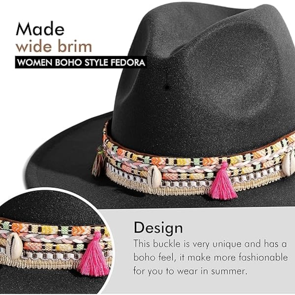 Fedora-hatt i filt for kvinner, panamahattar med bred brättning med tofs