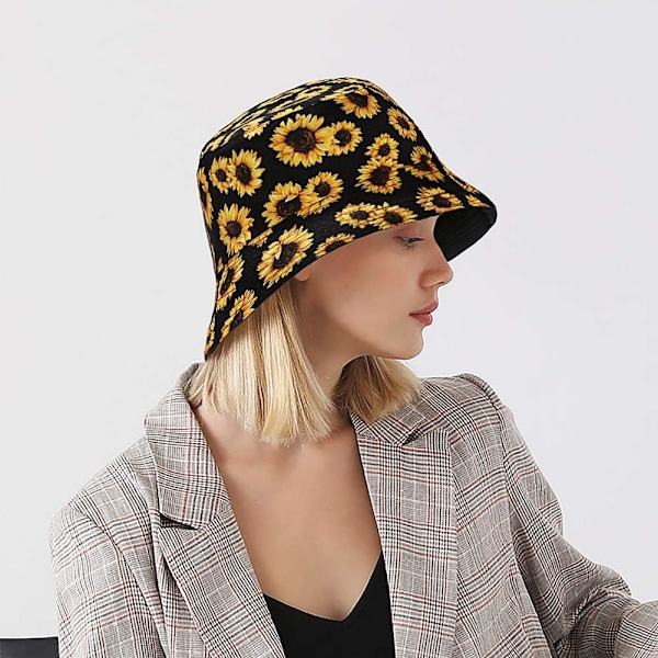 Söt bucket hat strandfiskarhattar för kvinnor, vändbar dubbelsidig användning SunflowerB