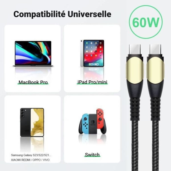 CQBB 60W nopea lataus USB-C - USB-C -kaapeli Samsung Galaxy A54 A53 A52 4G-5G A52s A34 A33 A32 - Vahvistettu nailon musta 1M