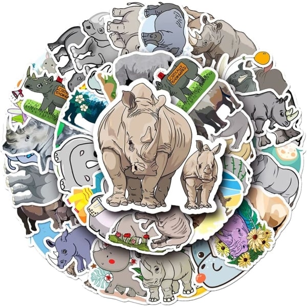 CDQ Noshörningsdekaler for pojkar, flickor, barn tonåringar, tegnede vinylvattentäta klistermerker, dekaler[Rhino-50 st