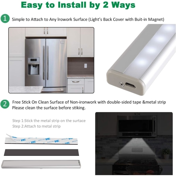 CQBB Skaplys med sensor, bevegelsessensorlampe, 10 LED-nattlys med magnetstripe, USB-drevet (trådløs), automatisk skaplampe