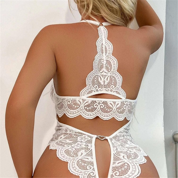 Naisten seksikäs pitsialusasu, avoin haaraton body, yöasu valkoinen White S