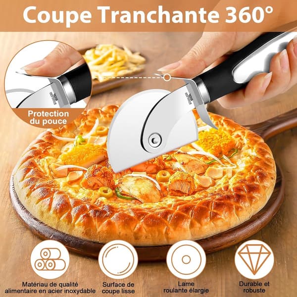 2 pizzahjul og ostespade i rustfritt stål - skarp pizzakutter, ergonomisk håndtak - for pizza, deig