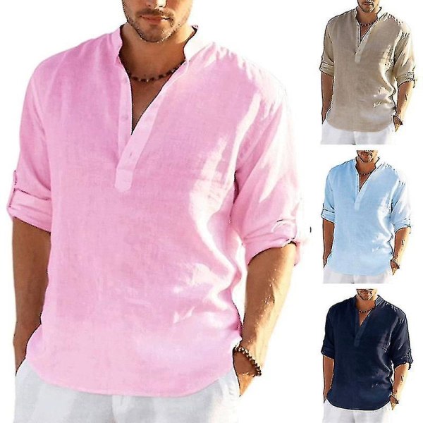 Långærmad linneskjorta herr, casual i bomuld og linne, S-5xl top, Ny design gratis frakt_p Pink L zdq
