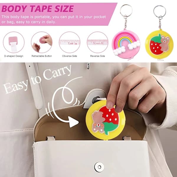 Rainbow Shaped Retractable Tape Measure + Strawberry Bear with Keychain 4-pack