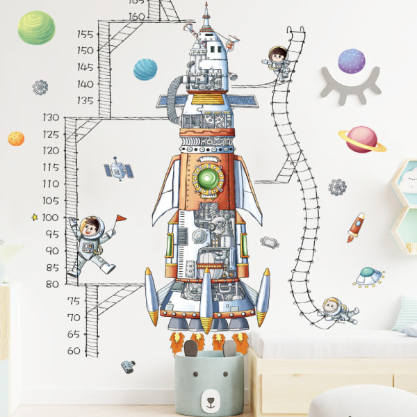 CDQ 2 stycken rymdskeppsastronauters höjdmätningslinjal, layout för tidig utbildning, höjdklistermärke, barnrum, dagisväggdekoration