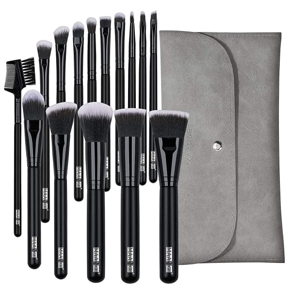 Sminkebørster 15 stk Makeup Brush Set Premium Syntetisk Foundation Pudder Concealers Øyenskygger Blush Svart Børste Sett Med Grå Pose