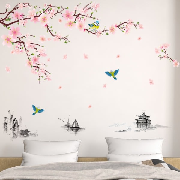 Peach Blossoms & Birds väggdekaler (240x150 cm) I självhäftande väggdekal rosor körsbärsträd gren växter för vardagsrum sovrum kök hallwa CDQ