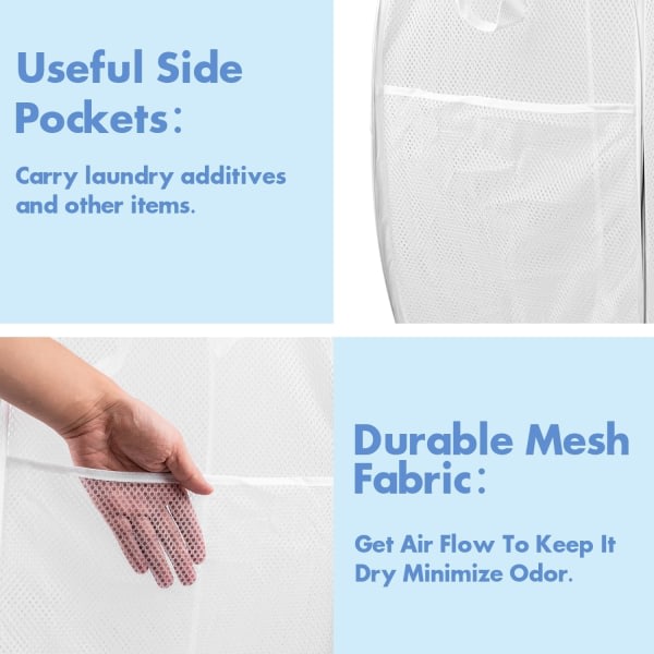 Pop-up vaskekorgar, 1 st Mesh pop-up tvättkorgar, premium pop-up tvättkorgar, mesh tvättkorgar, hopfällbar pop-up mesh korg, vit