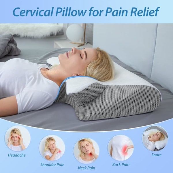 Viscoelastic Neck Pillow, Ergonomic 2-in-1 Orthopedic Pillow for Neck Pain Relief, Contoured Support Pillow, 1 Piece Light Grey (With Eye Mask)
