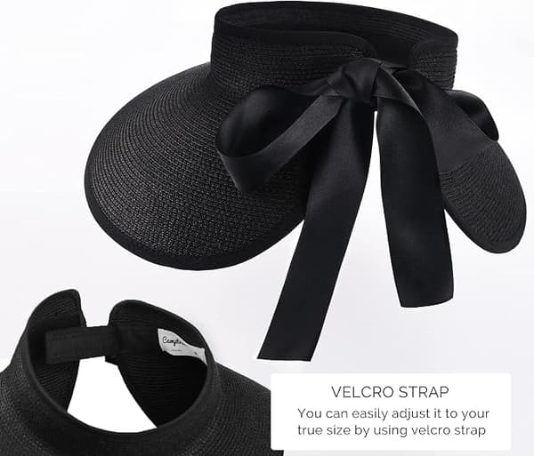 Solskjerm for kvinner - Stråhatt med bred brem - UPF 50+ - Sammenleggbar - Svart