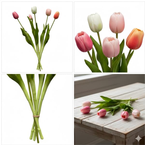 Artificial Tulips - Tulips - Mixed Colors White with Pink - Artificial Flowers