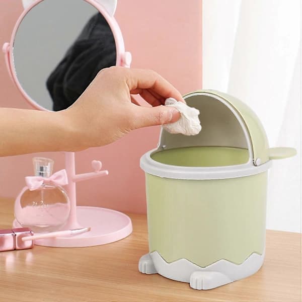 Creative Cute Desktop Trash Can with Lid Small Trash Can Mini Flip Plastic Dustbin Green