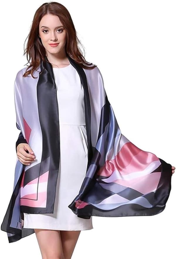 Langt trykt skjerf for kvinner, mykt retro geometrisk design for høst, vinter, daglig bruk, rosa og grå