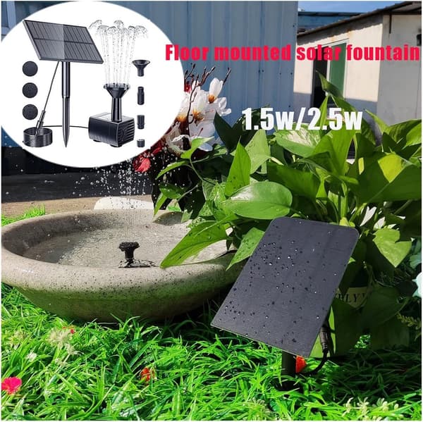 Solar springvandspumpe 2,5W med flere dyser, børsteløs motor solcellevandpumpe til fuglebad, dam og haveindretning, sort
