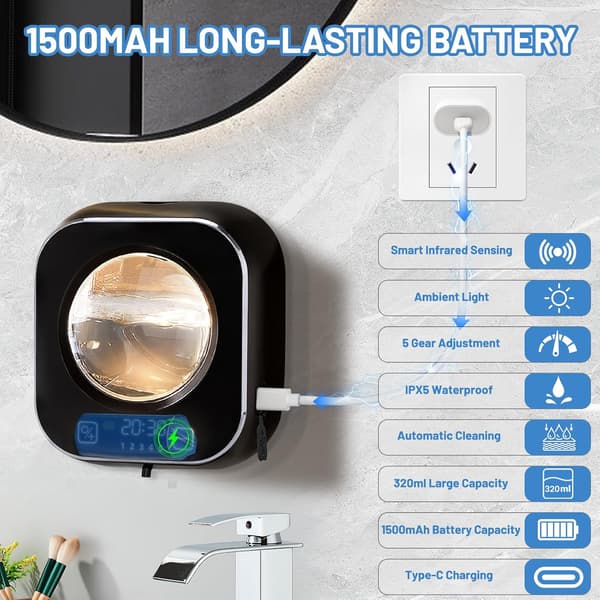 Automatisk såpedispenser - 320ml - Skum - Oppladbar - Svart