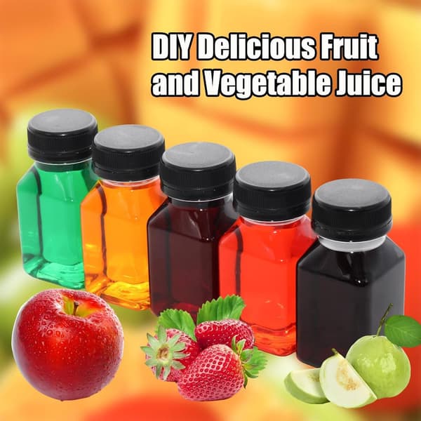 Minijuiceflaskor, 10-pack PET återanvändbara läckagesäkra flaskor med svarta lock för juicer, milkshakes, smoothies, resor, 120 ml klar