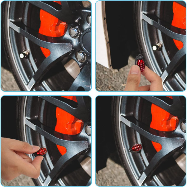 4 kpl alumiininen korkki (punainen), kestävä käsikranaatityylinen venttiilinvarren suojus Ilmatiivis tiiviste autoille, maastureille, kuorma-autoille, moottoripyörille CDQ