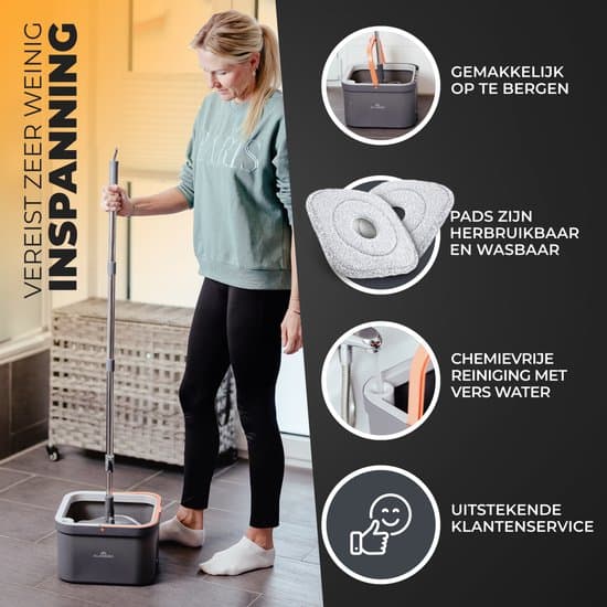 Spinmopp och hink med urvridare, handsfree platt mopp med dubbla kammare och 2 mikrofiberdynor för trä- och klinkergolv, grå