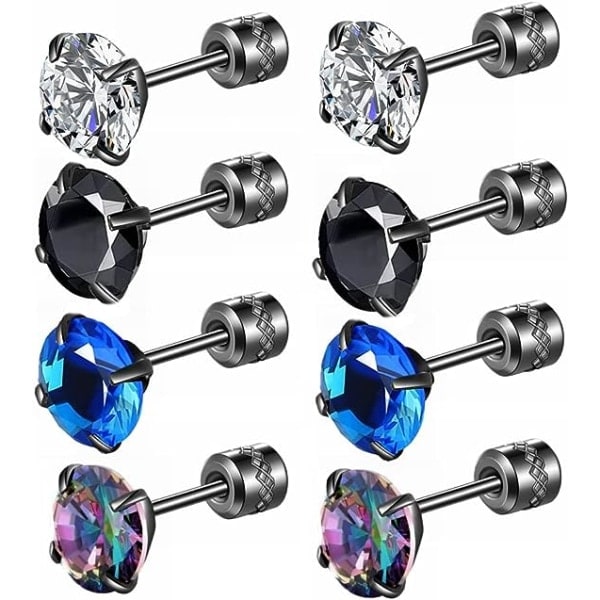 4 par titan skruv tillbaka kirurgiska örhängen i rostfritt stål för kvinnor män, Rainbow 5A Cubic Zirconia dubbar dubbla sidoörhängen 6 mm