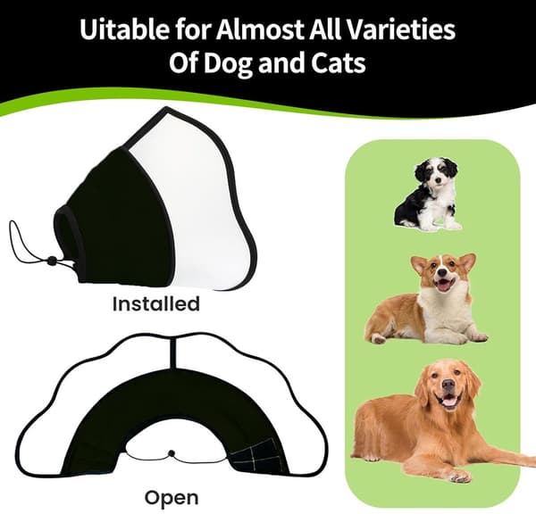 Blød hunde-restitutionskrave, åndbart net med klart vindue, justerbar lukning, anti-slik til efter operation, sort L (hals 38-47 cm)