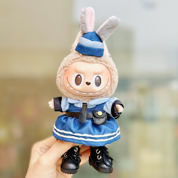 Kaninpolisdräkt + svarta läderskor, (endast kläder) 17 cm hänge blindbox macaron Labubu Labubu Time to chill dockkläder