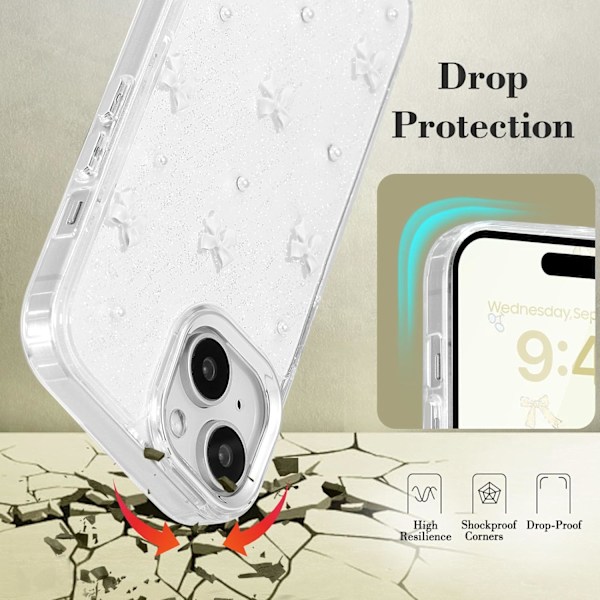 Skal för iPhone 15 Plus, Bling Glitter 3D Rosett Mobilskal Sött Glittrande Kristallklart Rosett Slim Mjukt Tåligt Skyddande Fodral Vit White iPhone 15 Plus