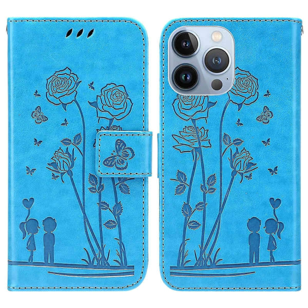 For Iphone 13 Pro 6,1 tums prägling af par og blommønster Telefon taske Pu Läder Vikbart Stativ Cover - Blå null ingen