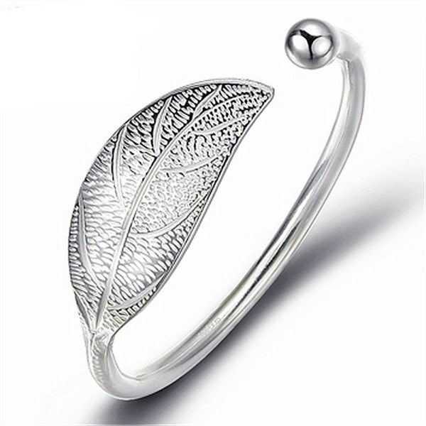 925 Sterling Silver Kvinna Manschett Armband Öppet Löv Format Justerbar Charm Bangle zdq