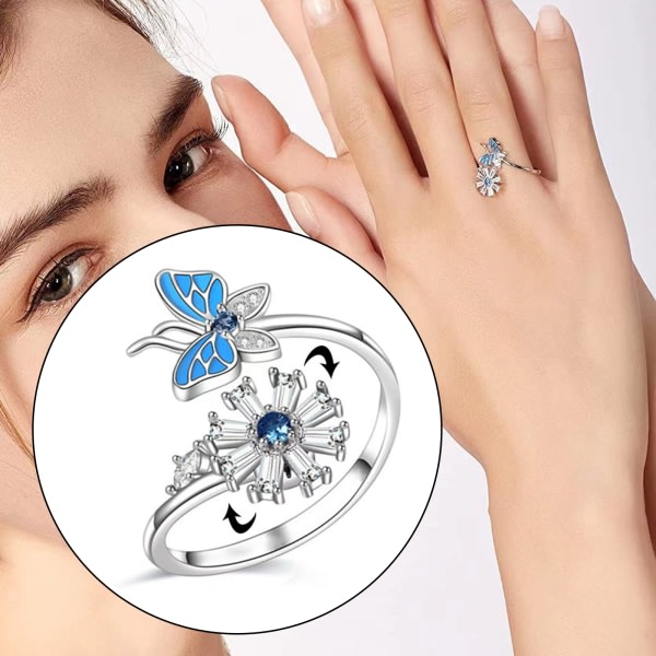 SQBB Bokstaver Angst Ringe Sølv Spinner Ringe for Butterfly Snowflake Angst Spinning Justerbar Ring for Kvinner T