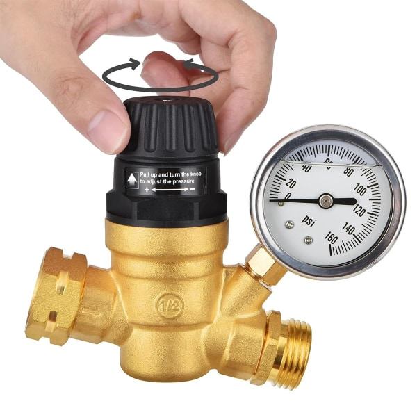 SOEKAVIA RV vanntrykkregulator, messing blyfri justerbar bobil vanntrykkregulator med måler, RV vanntrykkregulator for bobilreiser