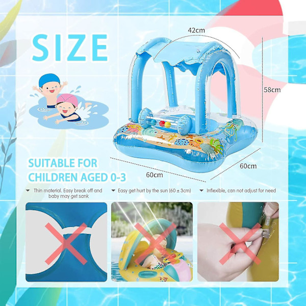 Baby Badring Uppblåsbar Pool Badring Med UPF 50+ Solskydd För Barn 3-36 Månader Kul I Vattnet Blu blue With 3 bells