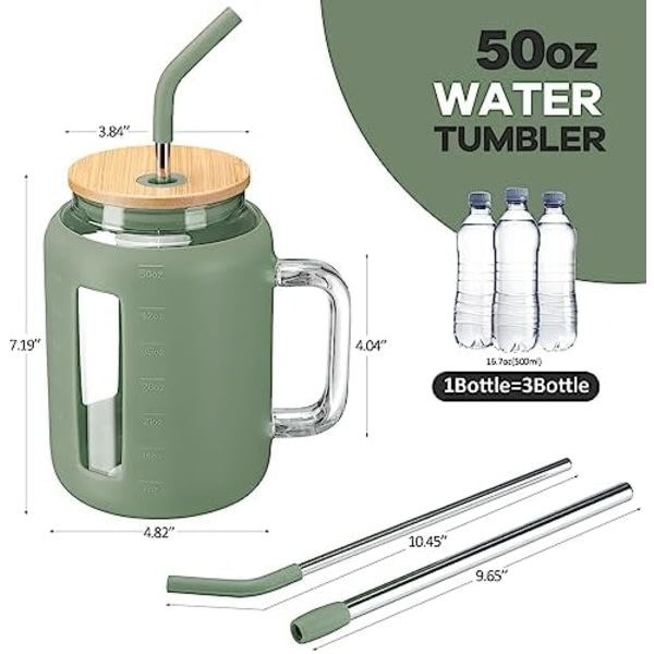 Kodrine tumlare med lock och sugrör, 50 oz mugg tumbler med handtag, jätteglas 1,5 liter, stor kaffemugg med sugrör, vattentumlare Olive 50oz