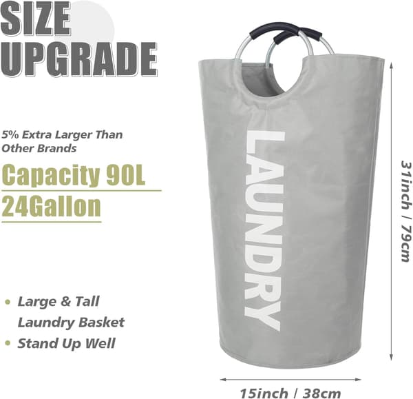 Laundry Bag with Padded Handles, Waterproof Laundry Basket Collapsible, Hamper for Bathroom, Laundry, College light grey