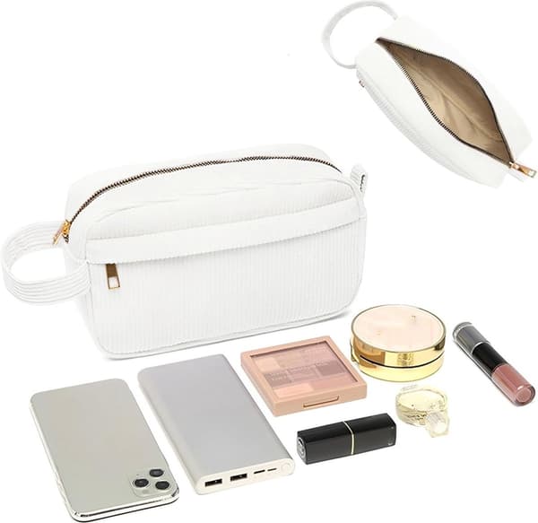Fløjls Makeuptaske, Topgreb, Lynlåspung, Hvid, Kosmetikbørste Organizer