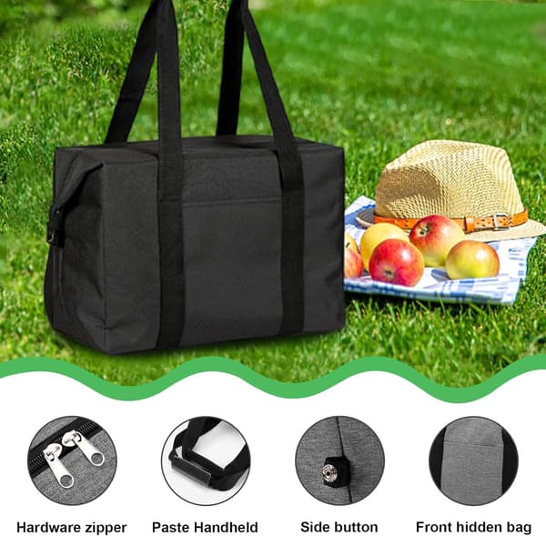 Isolert Handlepose Svart Picknickpose Myk Kjølepose Foldbar Kjølepose Isolert Matpose med Hardt Fôr Stor Kapasitet Lunsjpose for Camping