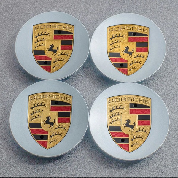 4-Pakning - Porsche Sentrumskåper / Hjulkapsel Emblem - B 95 75 mm Silver