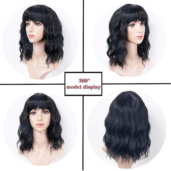Bølget parykk med lugg, kort svart parykk for kvinner Curly Wave syntetisk cosplay jente fargerik parykk (svart)