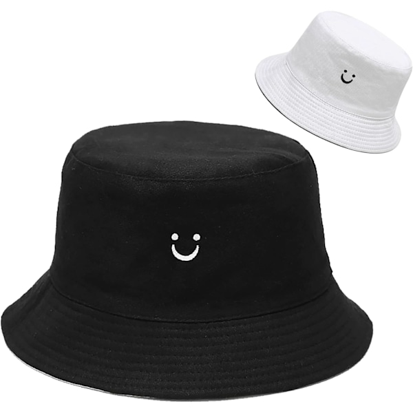 Sød bucket hat strand fiskerhatte til kvinder, vendbar dobbeltsidet slid Smiley Black White