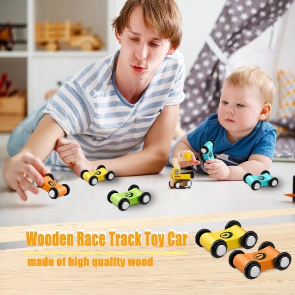 6 stycken minibilar i trä Träbilrampbana leksaker för 1 - 2 - 3 vuotta gamla, Träbilramp racingleksaker Set Racing Party Favors