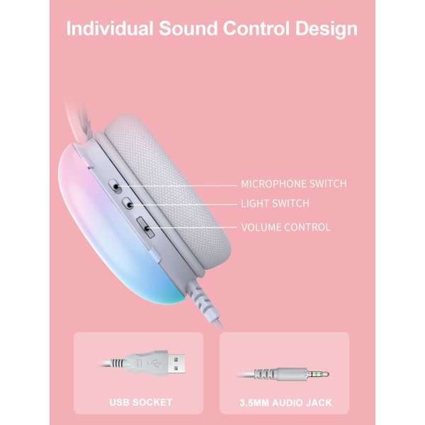 Spelheadset med mikrofon - Trådbundna RGB Rainbow Gaming-hörlurar för PS4/PS5/MAC/XBOX/laptop, lätta över Ear-hörlurar