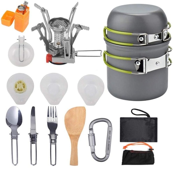 13-delt camping køkkensæt, sammenklappeligt, til udendørs vandring, picnic, mess kit, gryder, pande, C