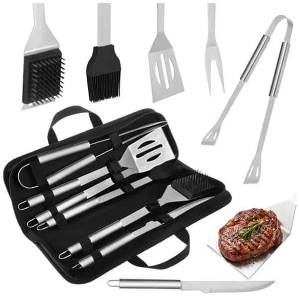BBQ-værktøjssæt 6 dele rustfrit stål med etui til gas- og kulgrill, campingpicnic, sort