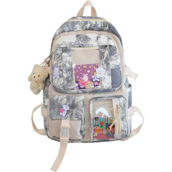 Teini-ikäisten Kawaii Tie Dye -reppu söpöllä neulalla ja tarvikkeilla Esteettinen kirjakassi Monitaskuinen Ripustettava Karhu Koululaukku (Yksi koko, Harmaa)