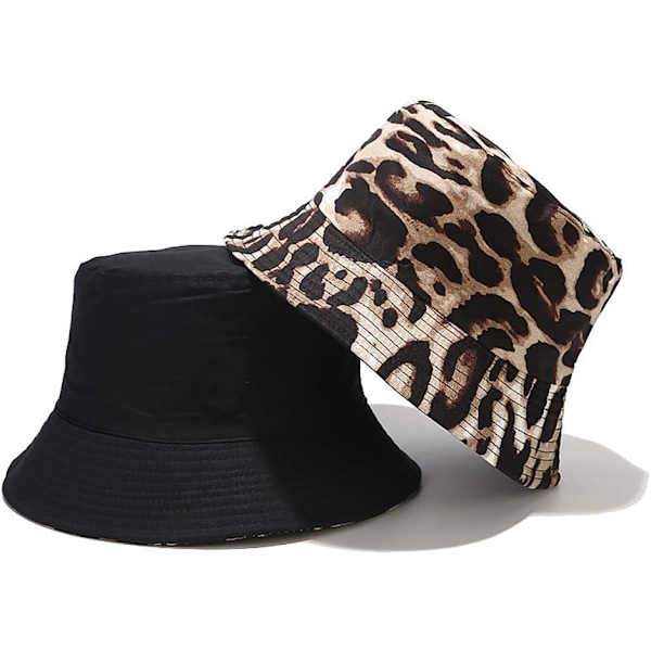 Söt bucket hat strandfiskarhattar för kvinnor, vändbar dubbelsidig användning Leopard