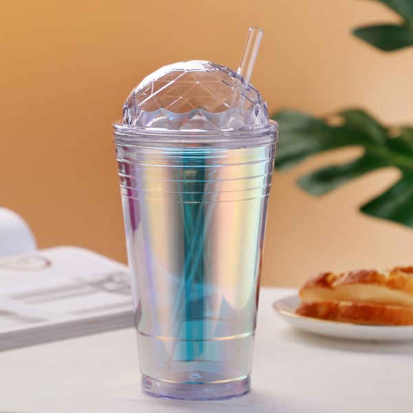 Dome Cold Water Cup, Beverage Cup, Dubbellagers Plast Color Diamond Laser Water Cup hvit